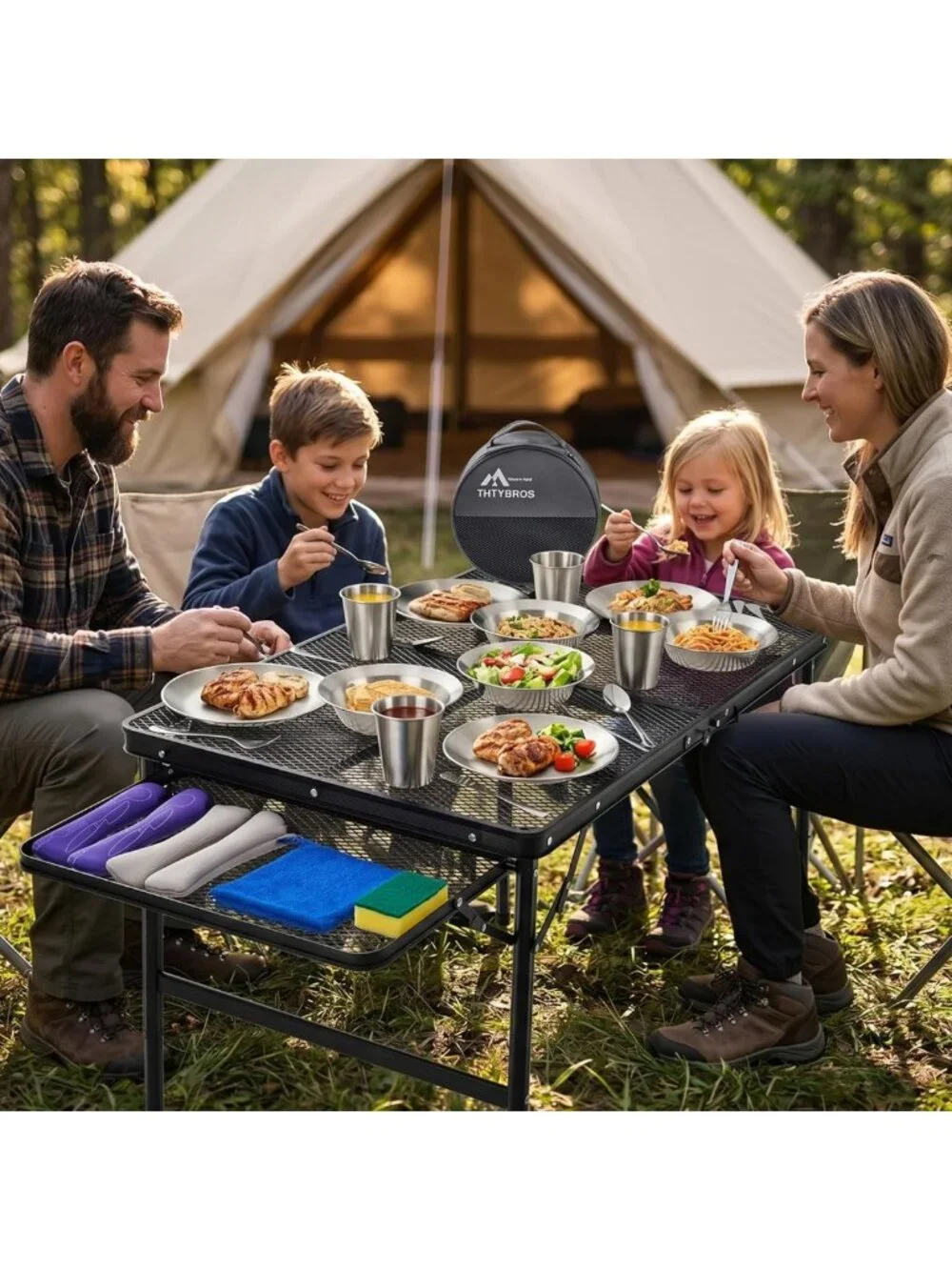 All-in-One Stainless Steel Camping Cookware Set for 1-4, Plates, Bowls, Cutlery